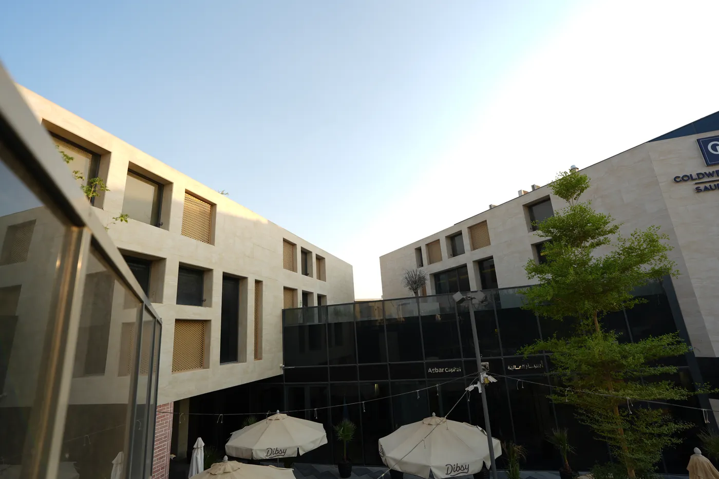 A courtyard between two facades of a commercial building, from our real estate photography
