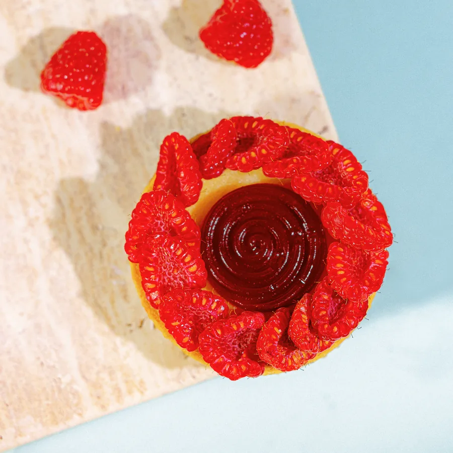 A raspberry tart from above, from Exception Sweets