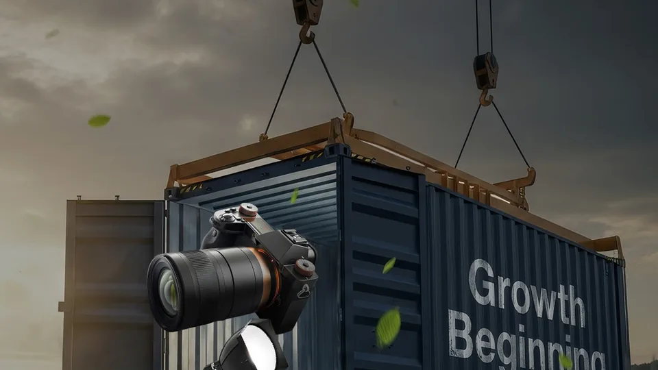 A 3D scene from our company profile: a suspended Growth Beginning container with a camera inside